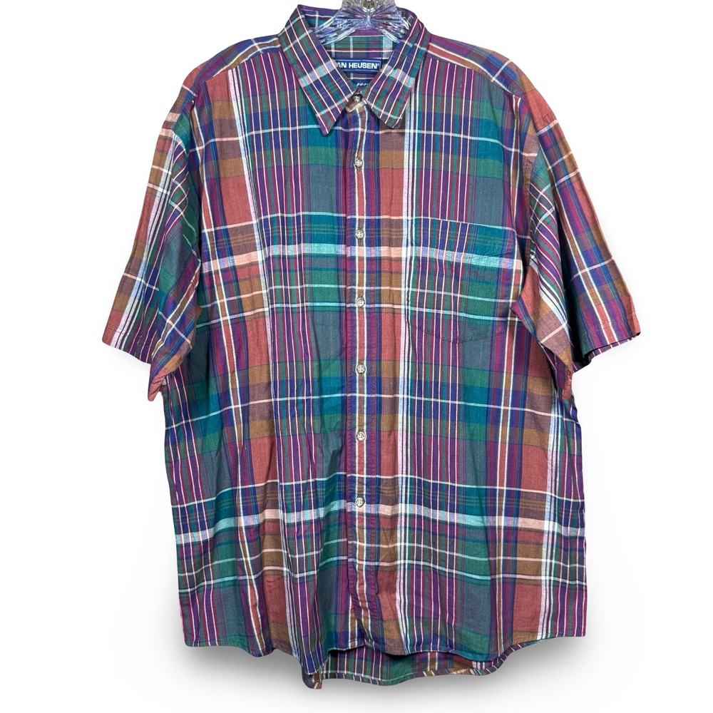 Van Heusen Over Easy Mens Large Plaid Short Sleeve Button Up Shirt Vintage